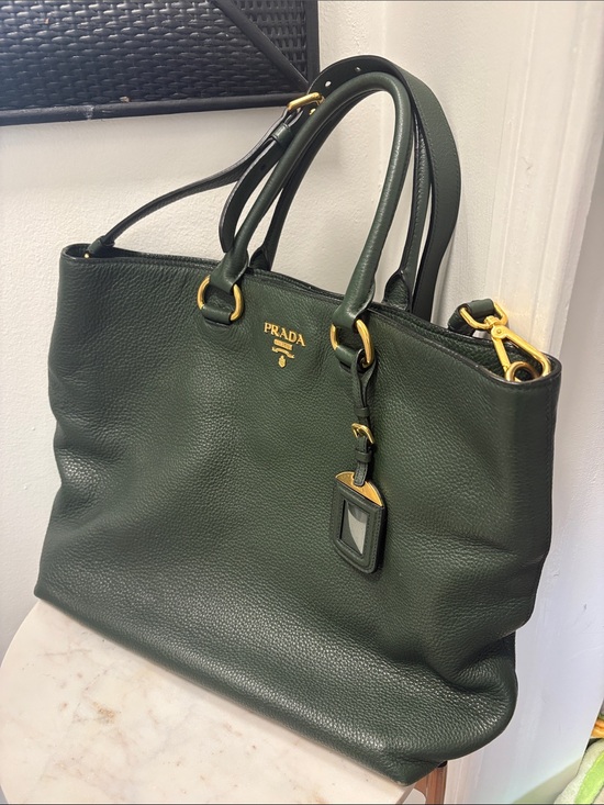 Prada Handbags - Prada Forest Green Pebbled Leather Tote with Gold Hardware